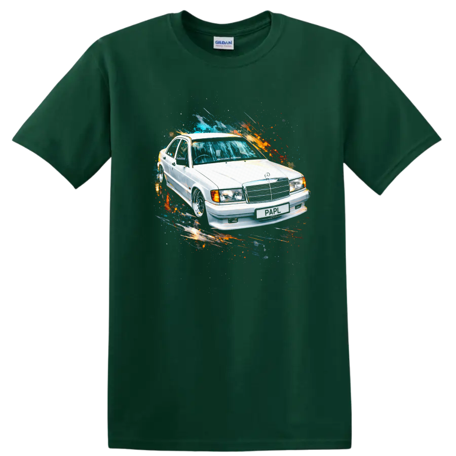White Mercedes-Benz 190E car with colorful paint splash graphic print on a Forest Green T Shirt