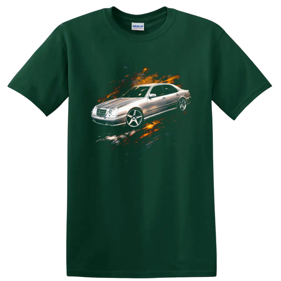 Silver Mercedes-Benz E-Class W210 with paint-splatter graphic print on a Forest Green T Shirt