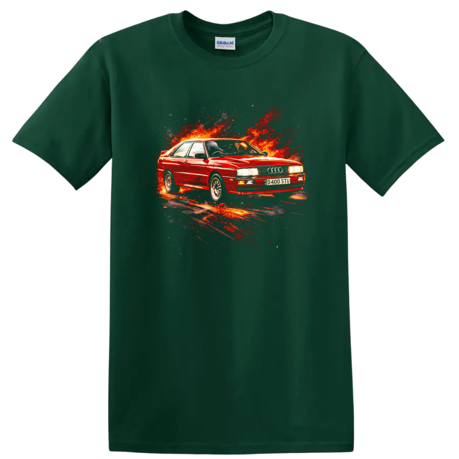 Red Audi Quattro old car graphic print with fiery splash effect on T shirt on a Forest Green T Shirt
