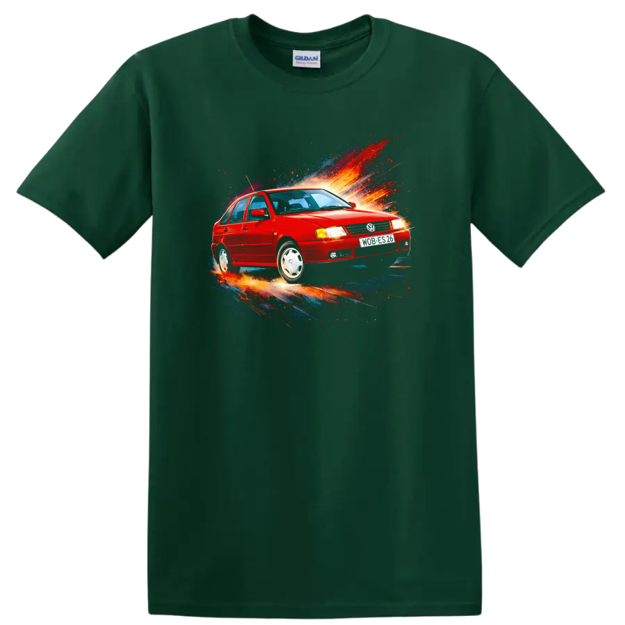 Red Volkswagen Polo Classic car with colorful splash graphic print on black background on a Forest Green T Shirt