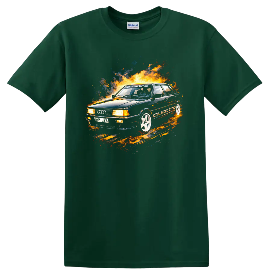 Audi 80 B2 car with flames and racing style graphic print on black T shirt on a Forest Green T Shirt