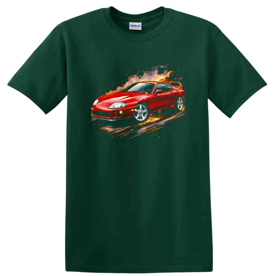 Red Toyota Supra MK4 surrounded by flames and smoke on a graphic print T shirt on a Forest Green T Shirt