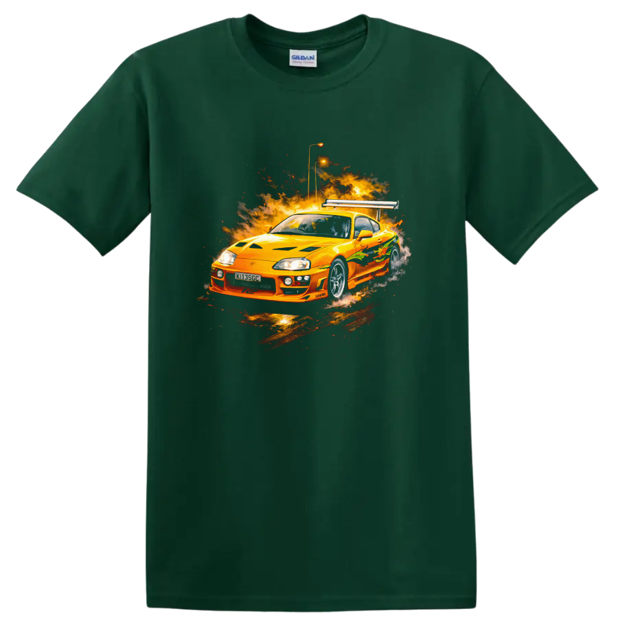 Orange Toyota Supra MK4 with fiery graphic burst, automotive T shirt design on a Forest Green T Shirt