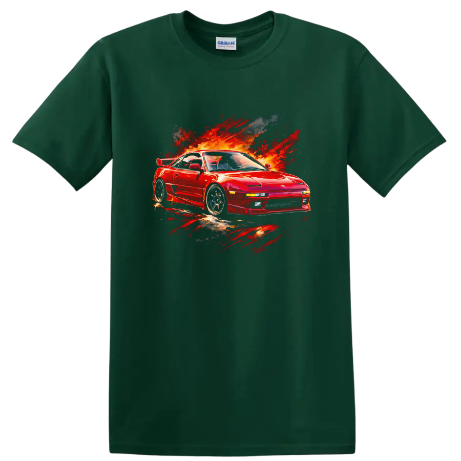 Red Toyota MR2 sports car with fiery paint-splash graphic print on a T shirt on a Forest Green T Shirt