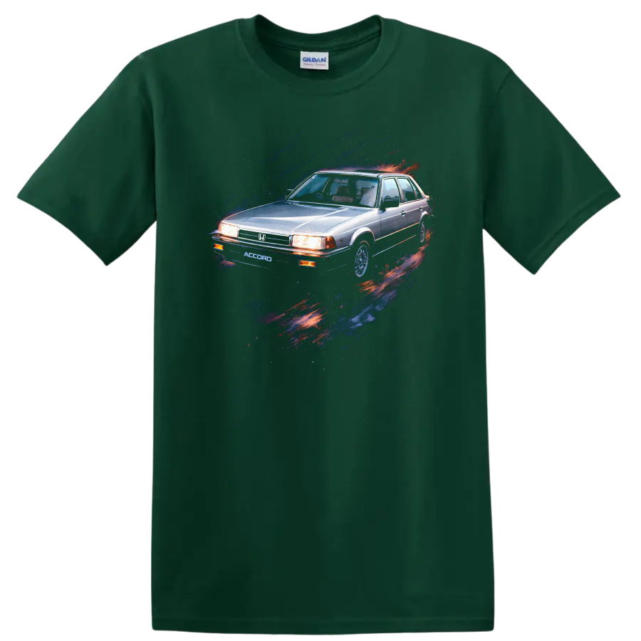Old Honda Accord sedan graphic print T-shirt with blue and red paint streaks on a Forest Green T Shirt