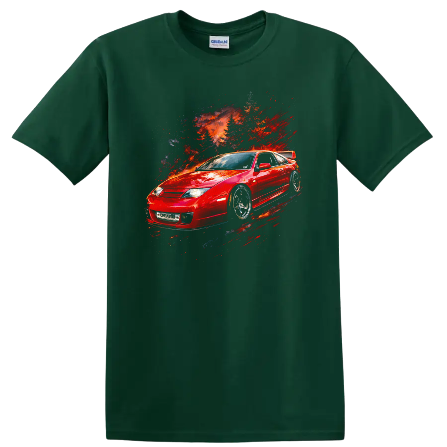 Red Nissan 300ZX Z32 sports car with abstract fiery motion graphic print on a Forest Green T Shirt