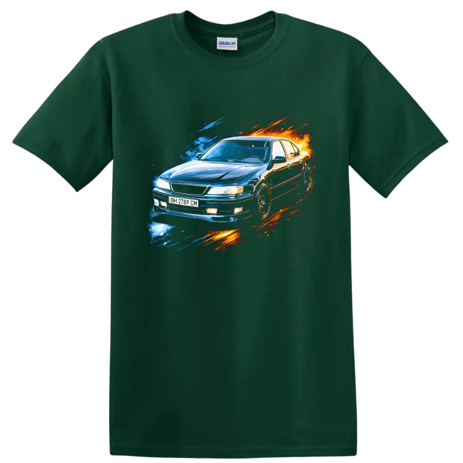 Blue Nissan Maxima A32 sedan with blue and orange streaks graphic print on a Forest Green T Shirt