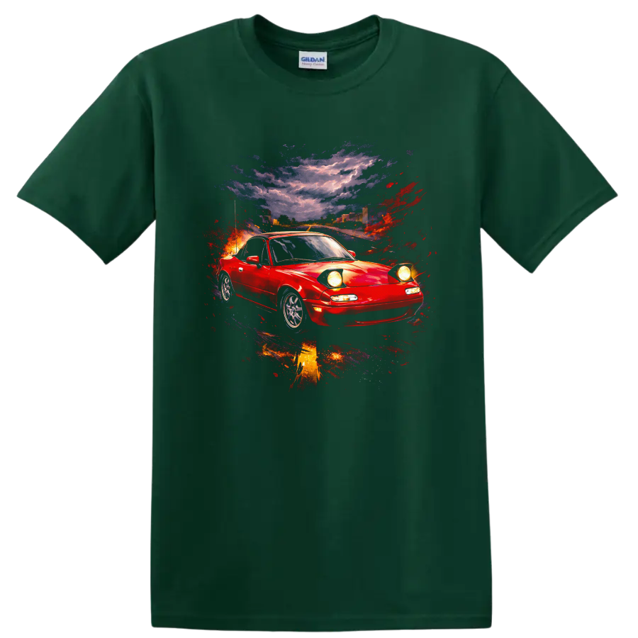 Red Mazda MX-5 Miata sports car with colorful abstract street-scene graphic print on a Forest Green T Shirt