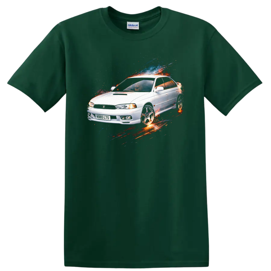 White Subaru Legacy old car graphic print with splash effects on black background on a Forest Green T Shirt