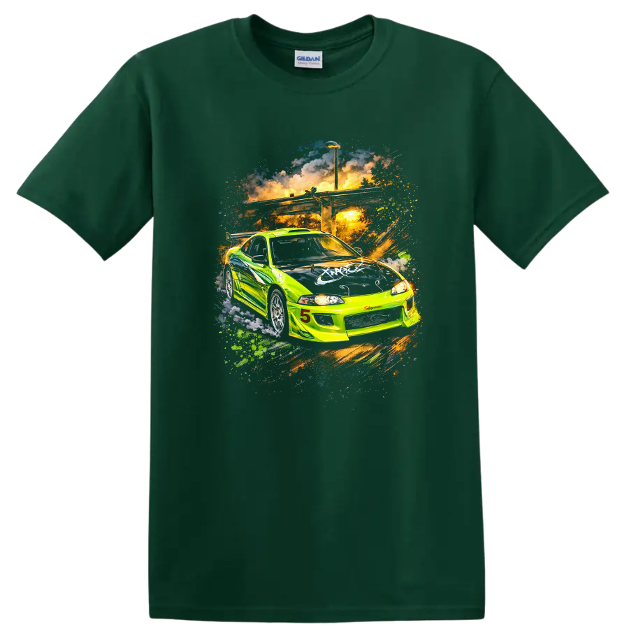 Neon green Mitsubishi Eclipse GS racing car graphic print T-shirt on a Forest Green T Shirt