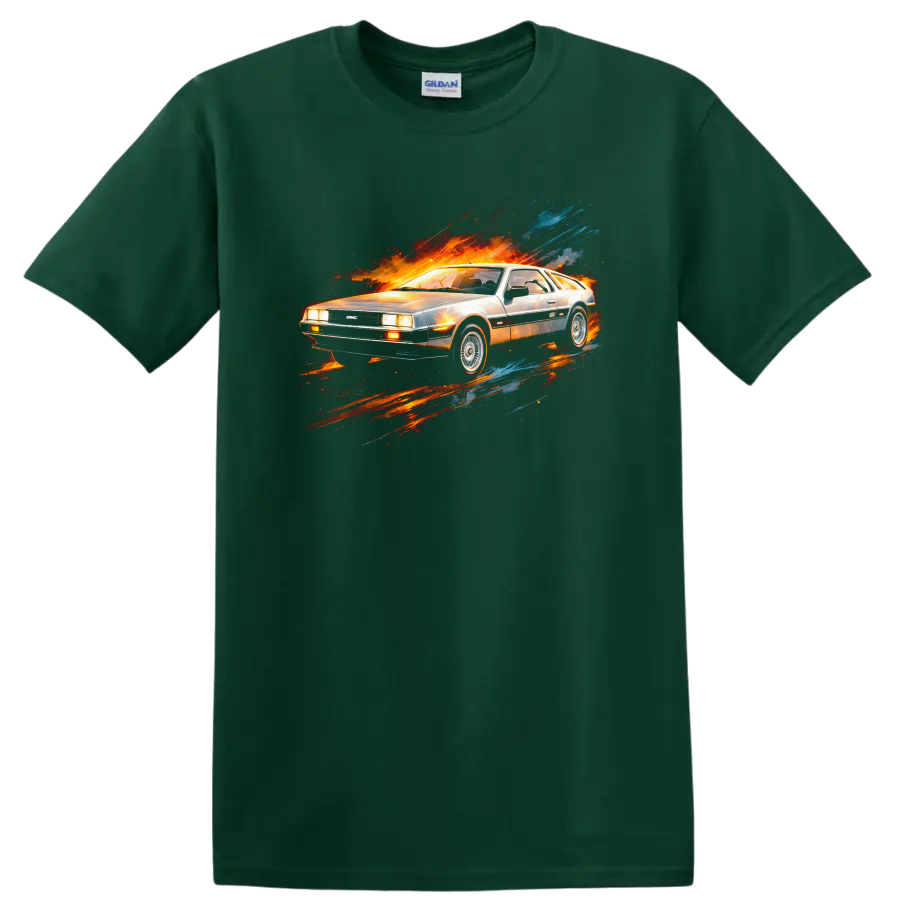 Silver DeLorean-style car with fiery red, orange, and blue motion streak graphic print on a Forest Green T Shirt