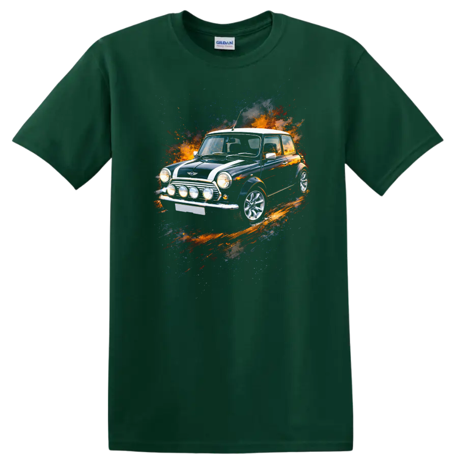 Classic Mini Cooper car with colorful paint splash graphic print on a Forest Green T Shirt