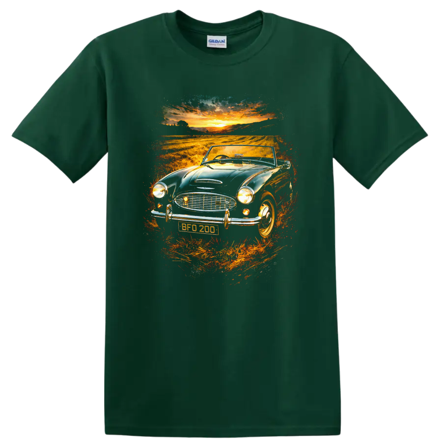 Austin-Healey 3000 classic car at sunset graphic print T-shirt on a Forest Green T Shirt
