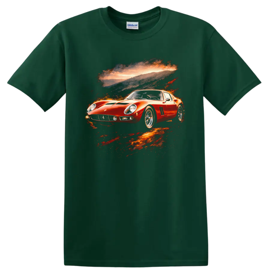 Red Ferrari 250 GTO classic sports car graphic print with sunset backdrop on a Forest Green T Shirt