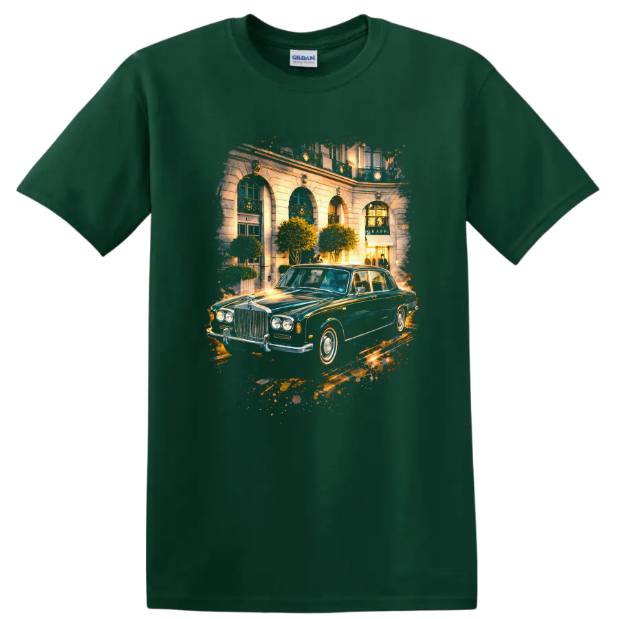 Rolls-Royce Silver Shadow classic car in a luxury city scene graphic print T shirt on a Forest Green T Shirt