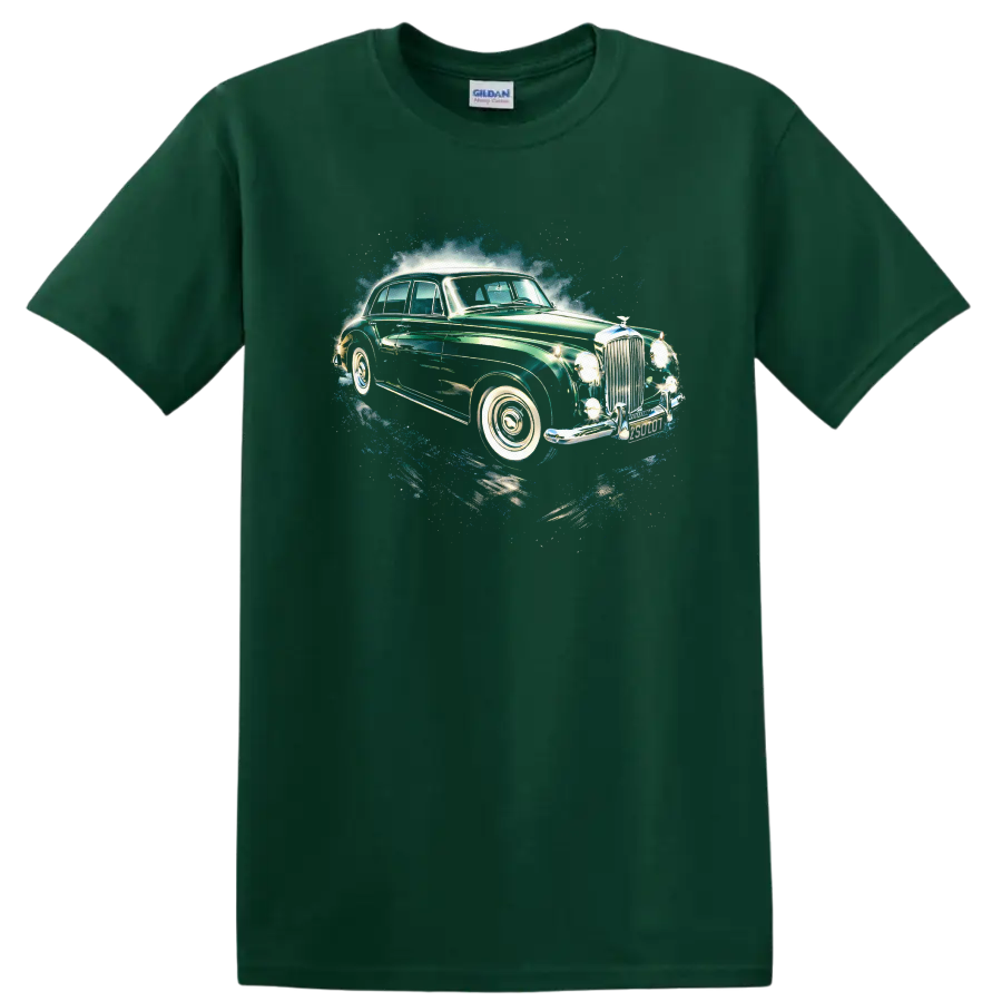 Vintage Bentley S2 classic car with chrome details and blue splash graphic on a T shirt on a Forest Green T Shirt