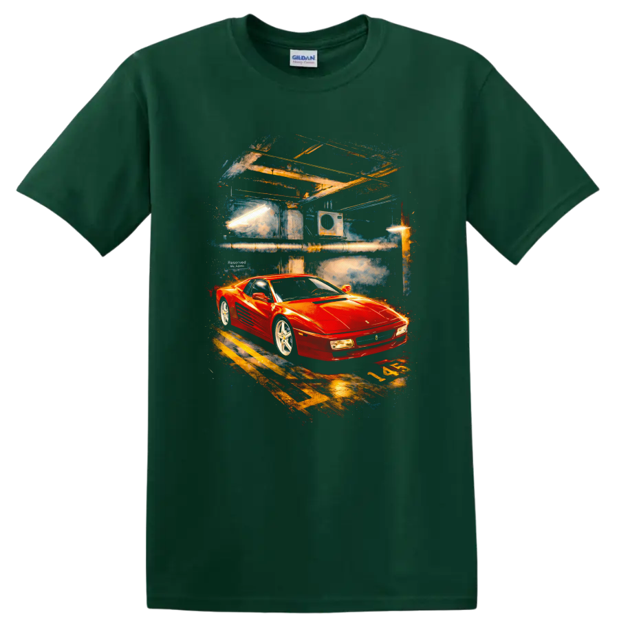 Red Ferrari Testarossa sports car graphic print on a black T shirt on a Forest Green T Shirt
