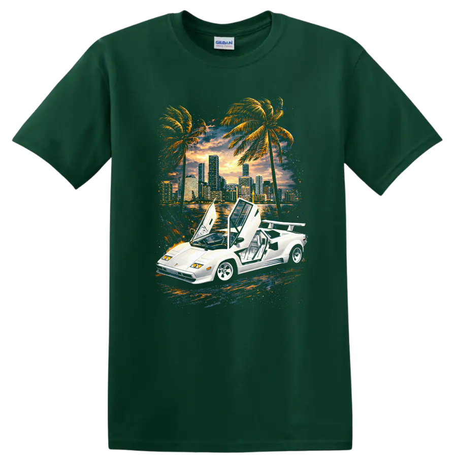 White Lamborghini Countach with raised doors, sunset skyline, palm trees, graphic print T-shirt on a Forest Green T Shirt