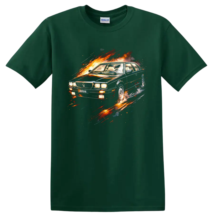 Old Maserati 222 car graphic with fiery motion streaks on a Forest Green T Shirt