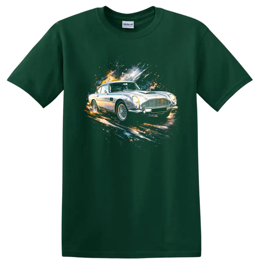 Aston Martin DB5 old car watercolor graphic print T-shirt on a Forest Green T Shirt