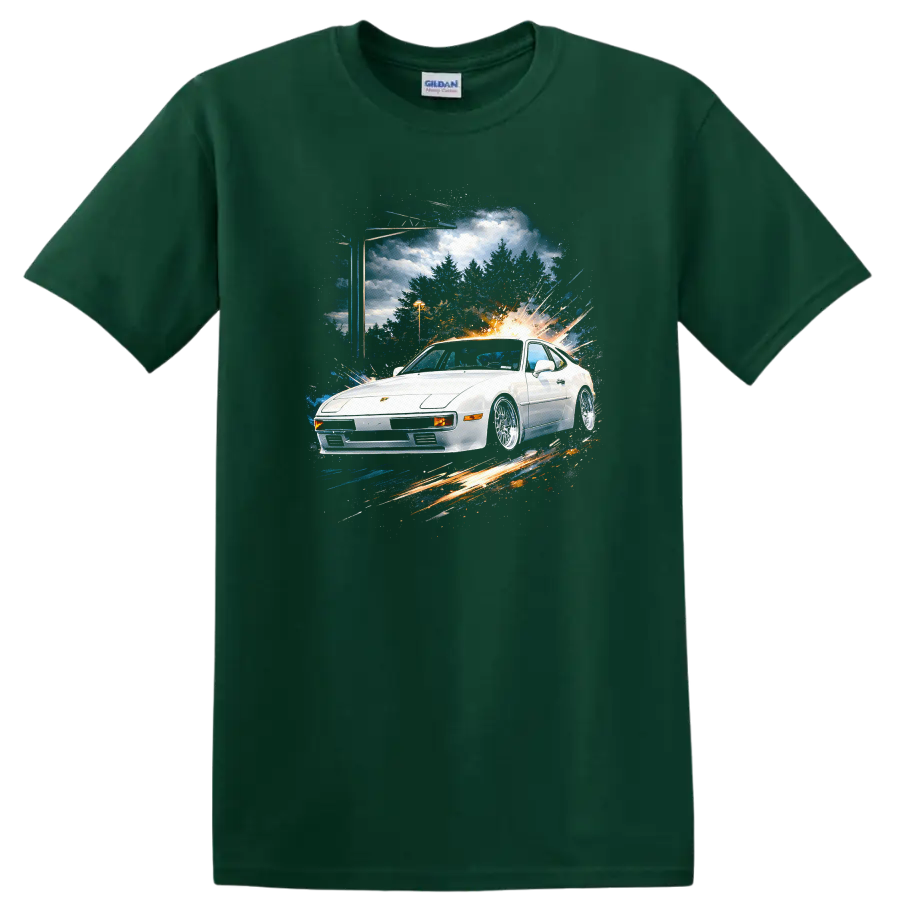 White Porsche 924 sports car with motion burst graphic print on T shirt on a Forest Green T Shirt