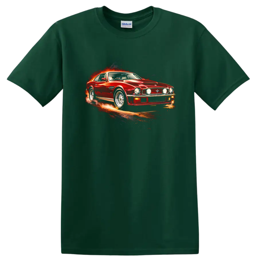 Red Aston Martin V8 Vantage classic car graphic with fiery motion effect on a Forest Green T Shirt