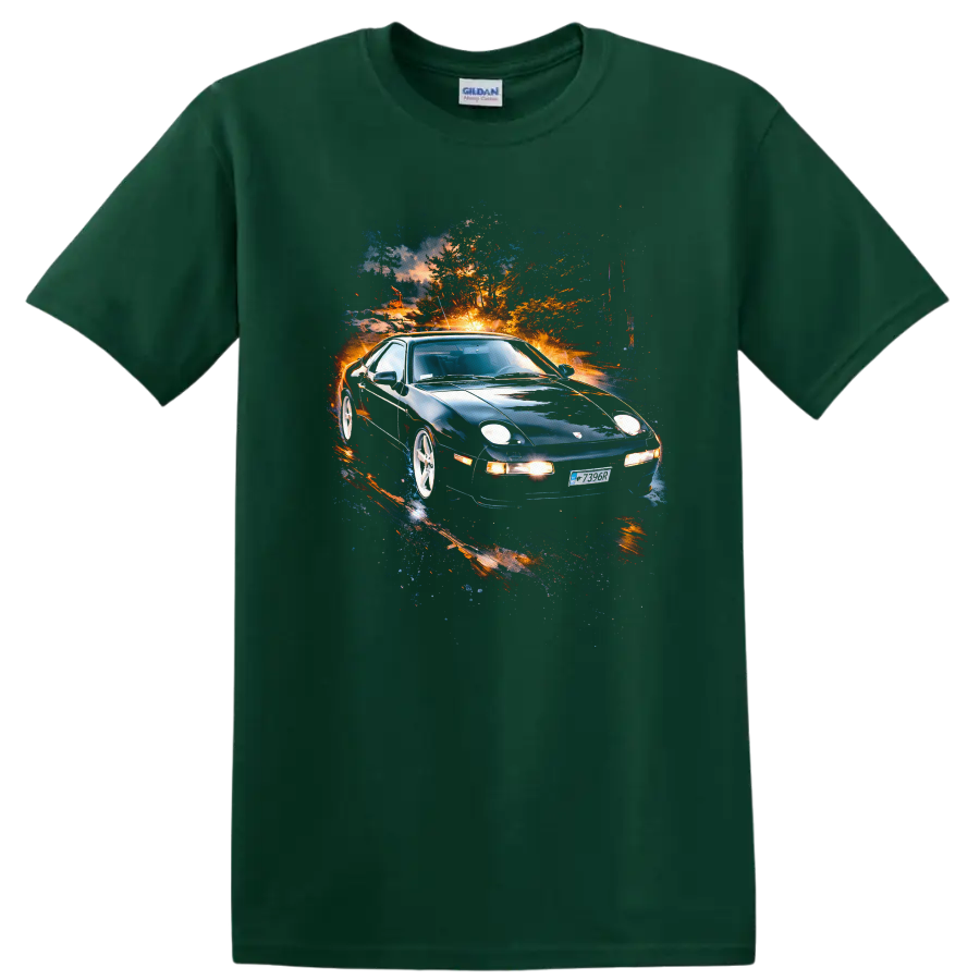 Porsche 928 old car with vivid colorful motion effect on black T-shirt on a Forest Green T Shirt