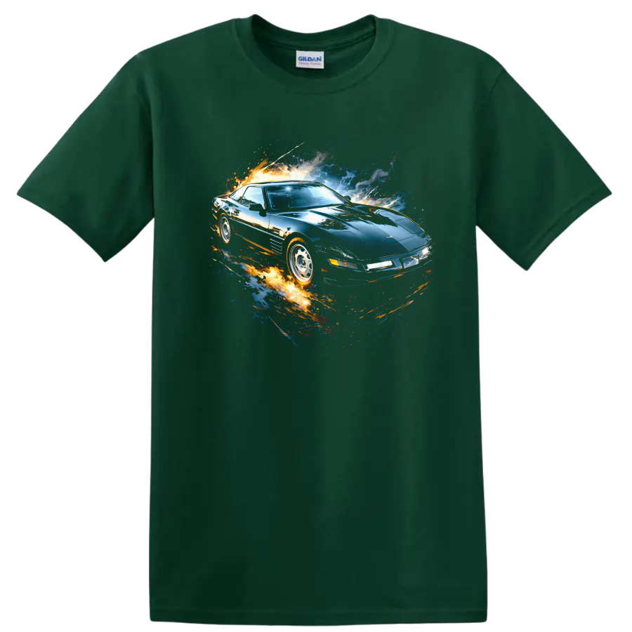 Chevrolet Corvette C4 with blue and orange motion graphic print on a T shirt on a Forest Green T Shirt