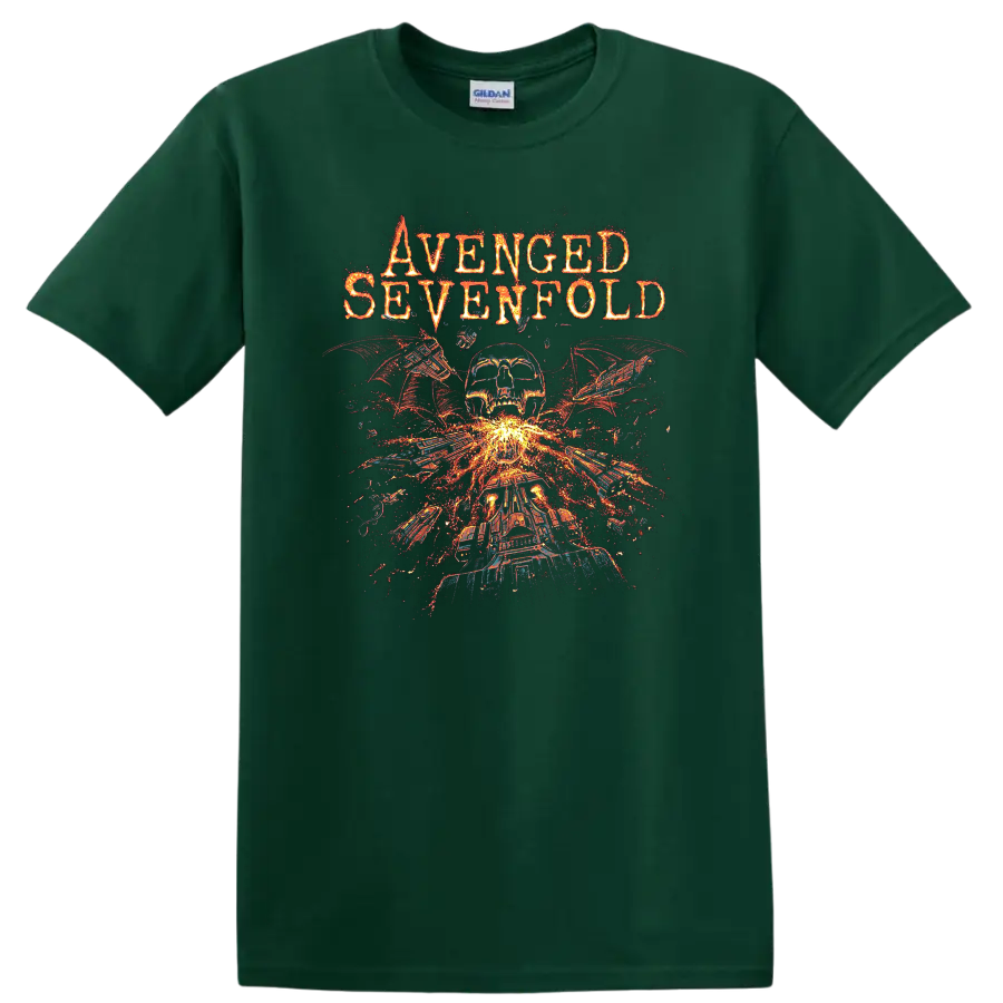 Avenged Sevenfold inspired skull, wings, and flames graphic print T - Forest Green