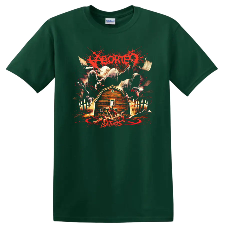 ABORTED horror metal graphic on a T-shirt with dark splatter artwork and eerie farmhouse - Forest Green