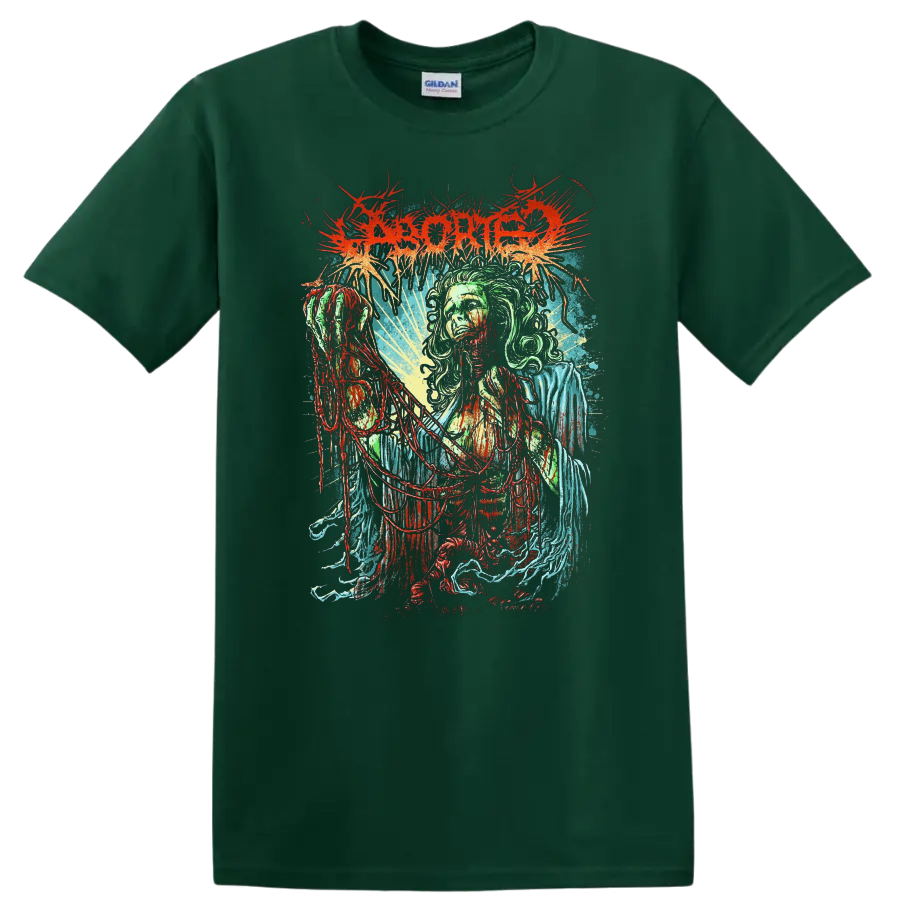 ABORTED-inspired death metal graphic print with horror figure on a T - Forest Green