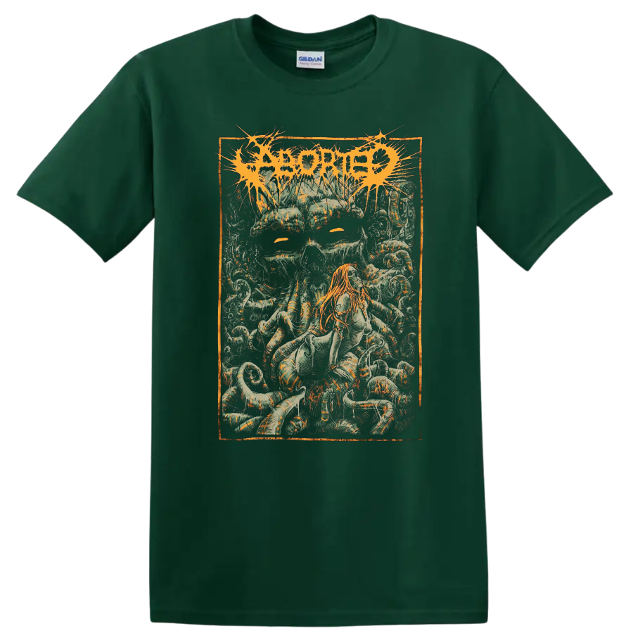 ABORTED metal band style graphic with horror artwork and orange logo T - Forest Green