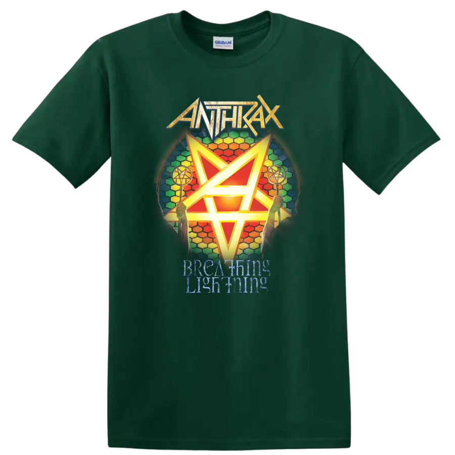 Anthrax logo with rainbow hexagram and Breathing Lightning text graphic print T - Forest Green
