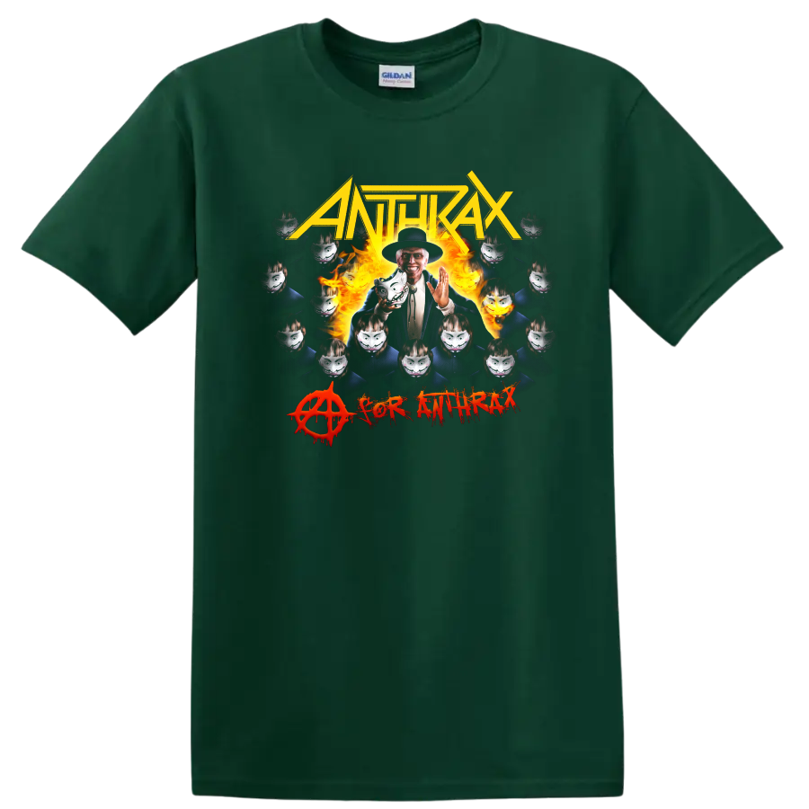 ANTHRAX metal band graphic with flames, masked faces, and bold lettering on T - Forest Green