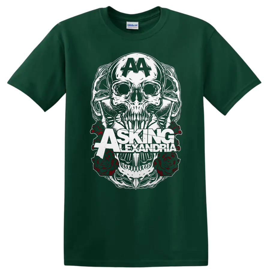 Asking Alexandria skull and red roses graphic print - Forest Green
