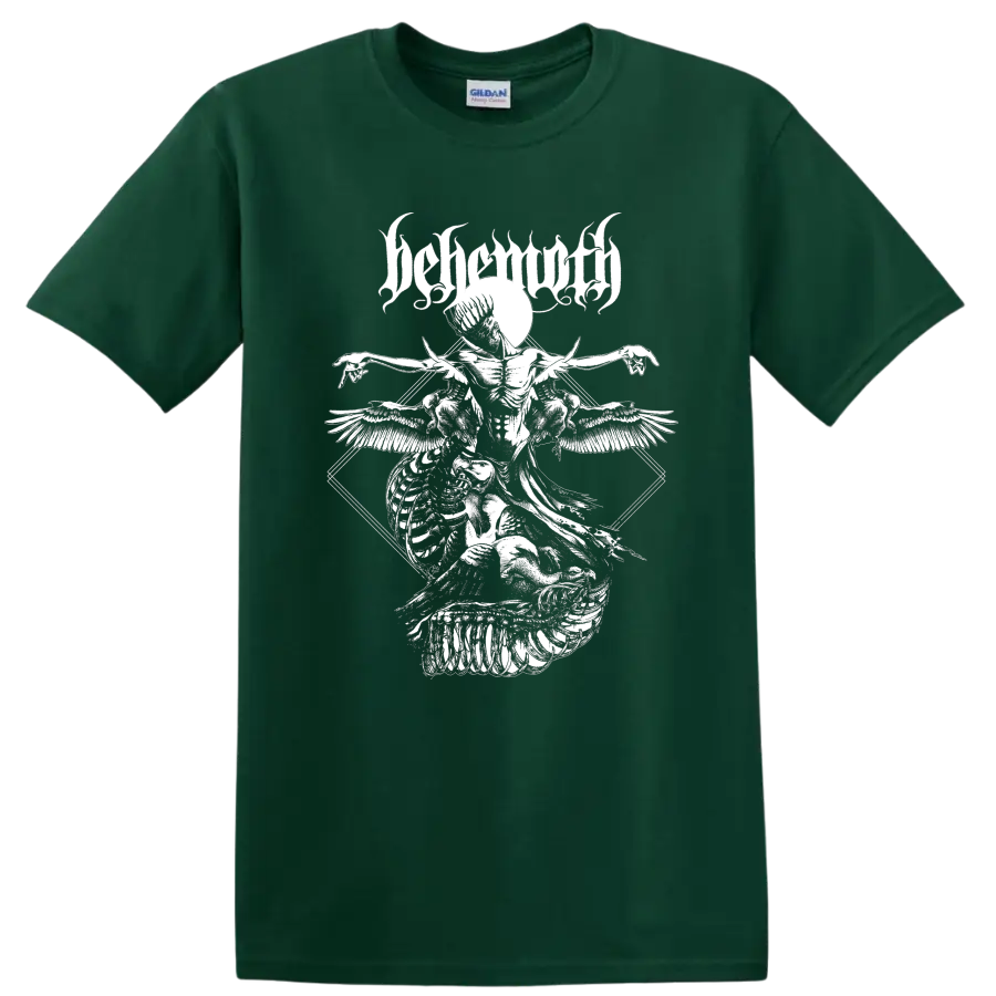 BEHEMOTH gothic metal graphic print with winged skeletal figure on T - Forest Green