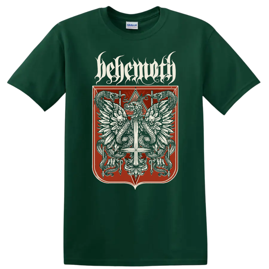 BEHEMOTH gothic metal crest with skulls, serpents, and wings on T - Forest Green