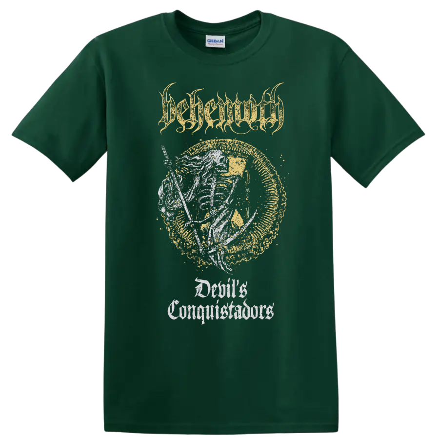 BEHEMOTH gothic metal graphic print with distressed lettering and emblem on T - Forest Green