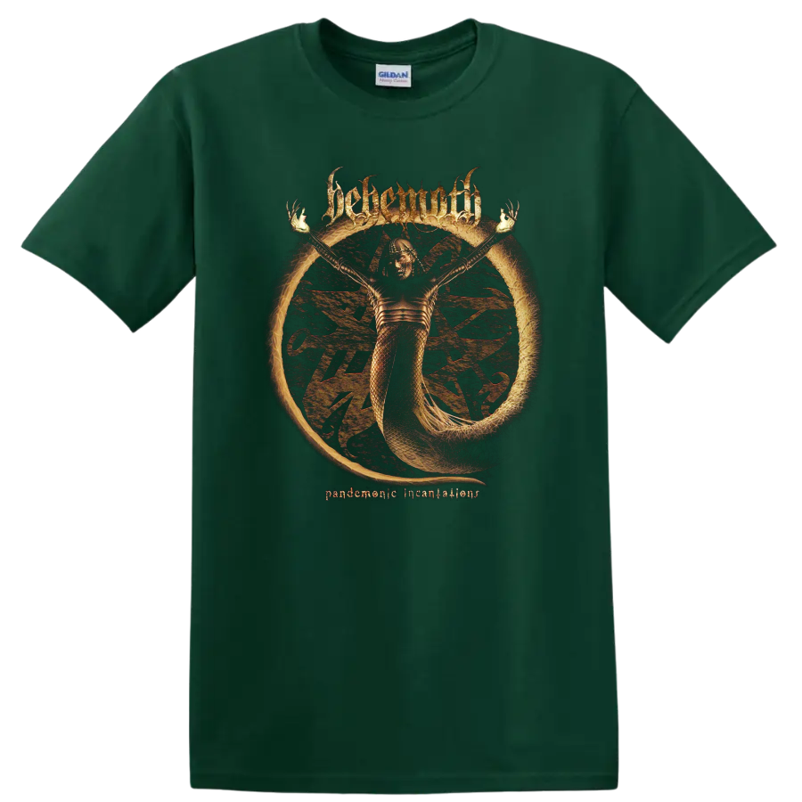 BEHEMOTH Pandemonic Incantations black metal graphic print T shirt with occult figure and burning - Forest Green