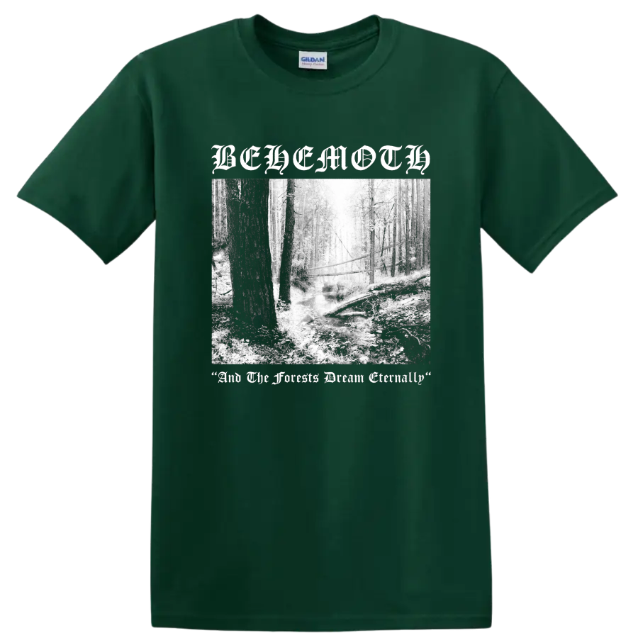BEHEMOTH gothic text over black and white forest scene graphic print - Forest Green
