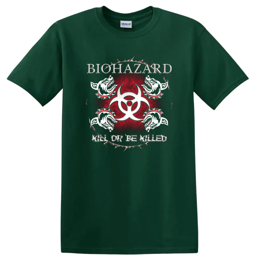 Biohazard graphic print T shirt with skull creatures, red biohazard symbol, and Kill or Be Killed - Forest Green