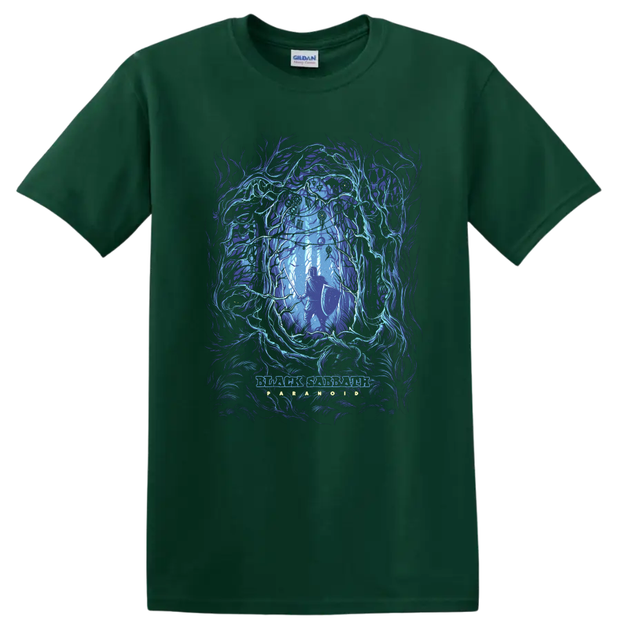 Black Sabbath dark fantasy rock metal graphic print with armored warrior in glowing blue - Forest Green
