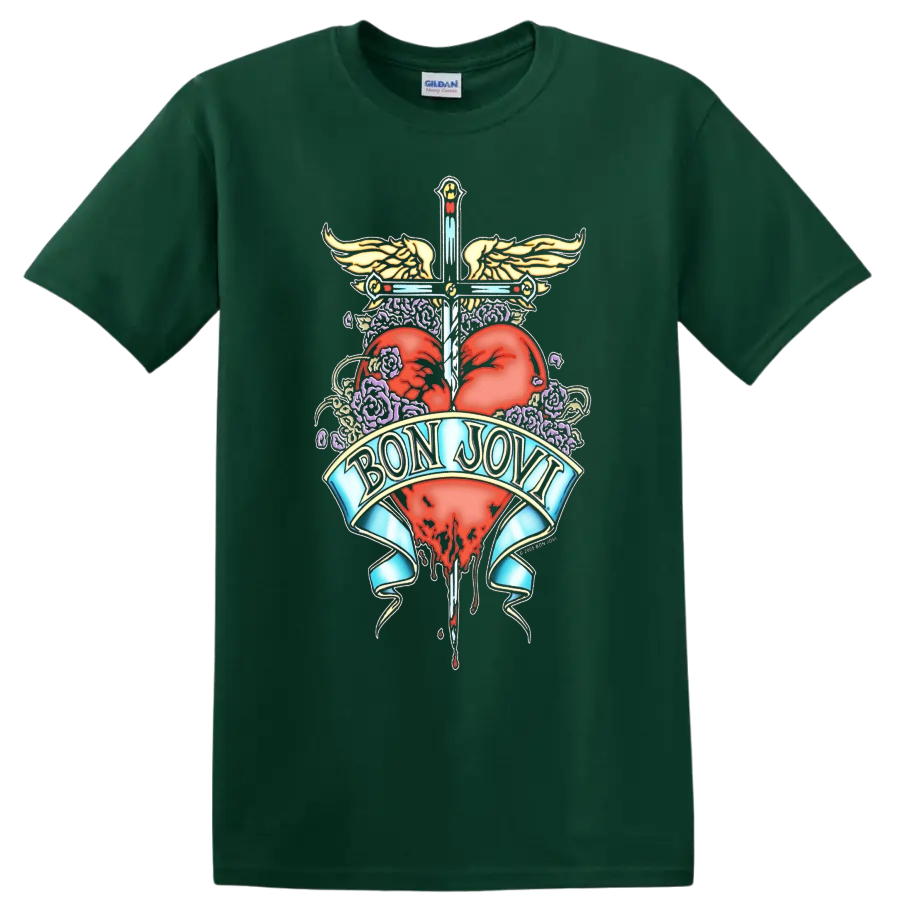 Bon Jovi inspired heart and wings graphic print T - Forest Green