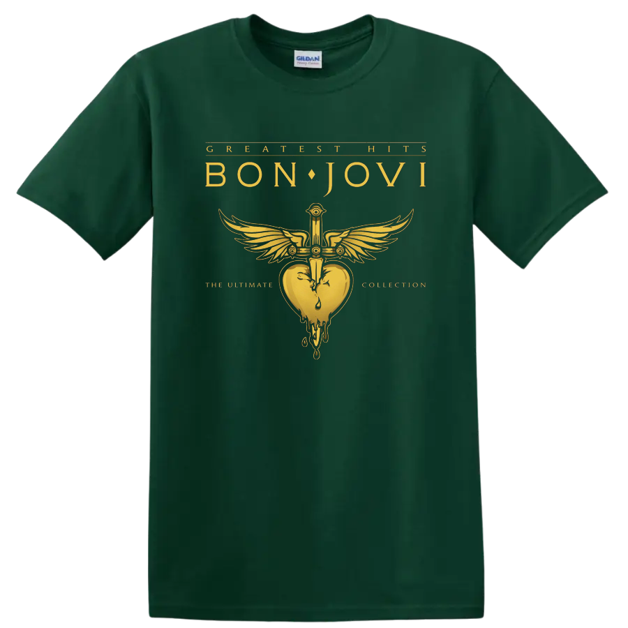 Bon Jovi Greatest Hits graphic with winged heart emblem and gold text on black T - Forest Green