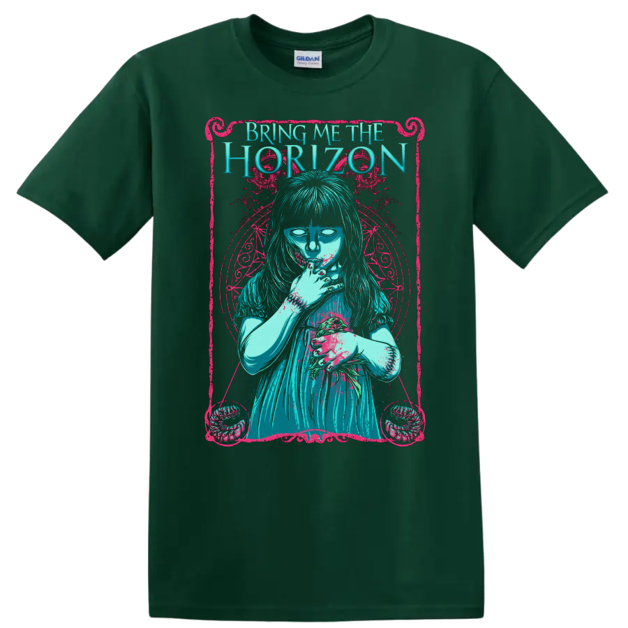 Bring Me The Horizon gothic graphic print T shirt with turquoise figure and pink - Forest Green