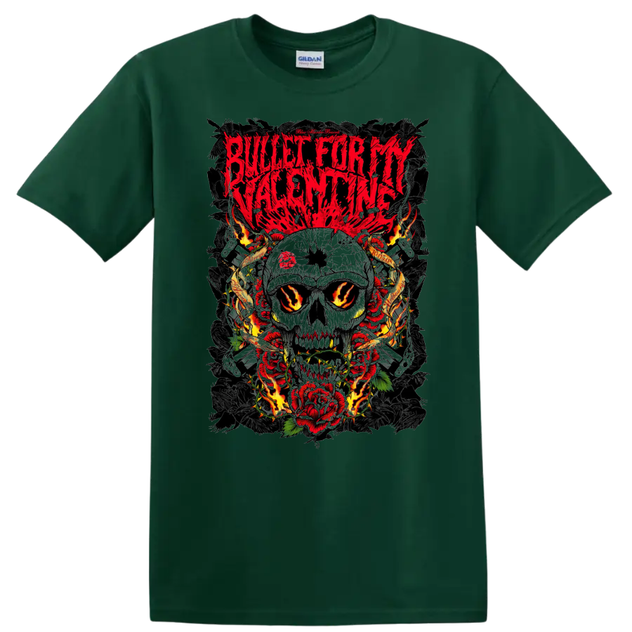 Bullet For My Valentine skull and roses rock metal graphic print T - Forest Green