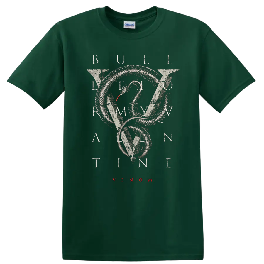 Bullet For My Valentine snake graphic with VENOM text on black T - Forest Green