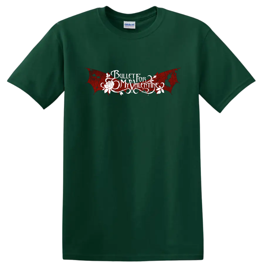 Bullet For My Valentine gothic band logo with red wings and white text graphic print - Forest Green