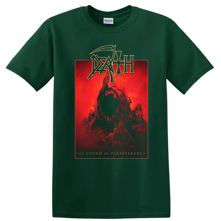 Death logo over red death metal album-style graphic print - Forest Green