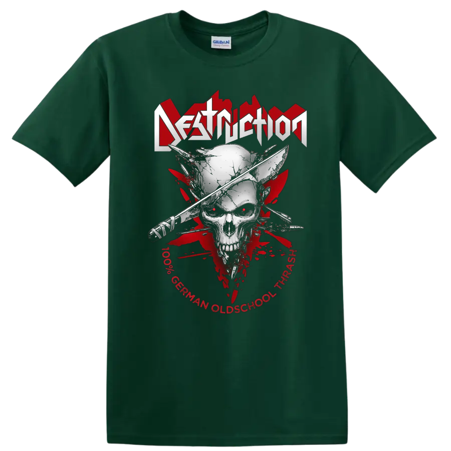 DESTRUCTION skull graphic print T shirt with crossed weapons and red thrash metal - Forest Green